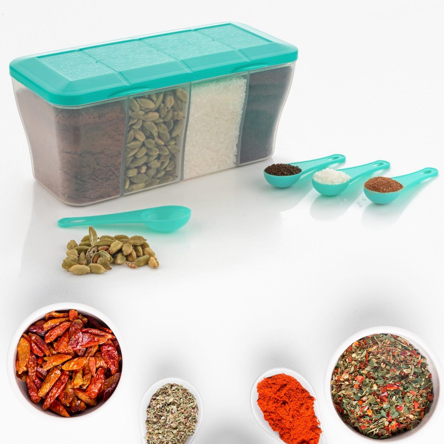Kitchen Airtight 4-Section Storage Container / Pickle Jar with 4 Spoons (1 Pc / Mix Color) Kitchen Airtight 4-Section Storage Container / Pickle Jar with 4 Spoons (1 Pc / Mix Color)